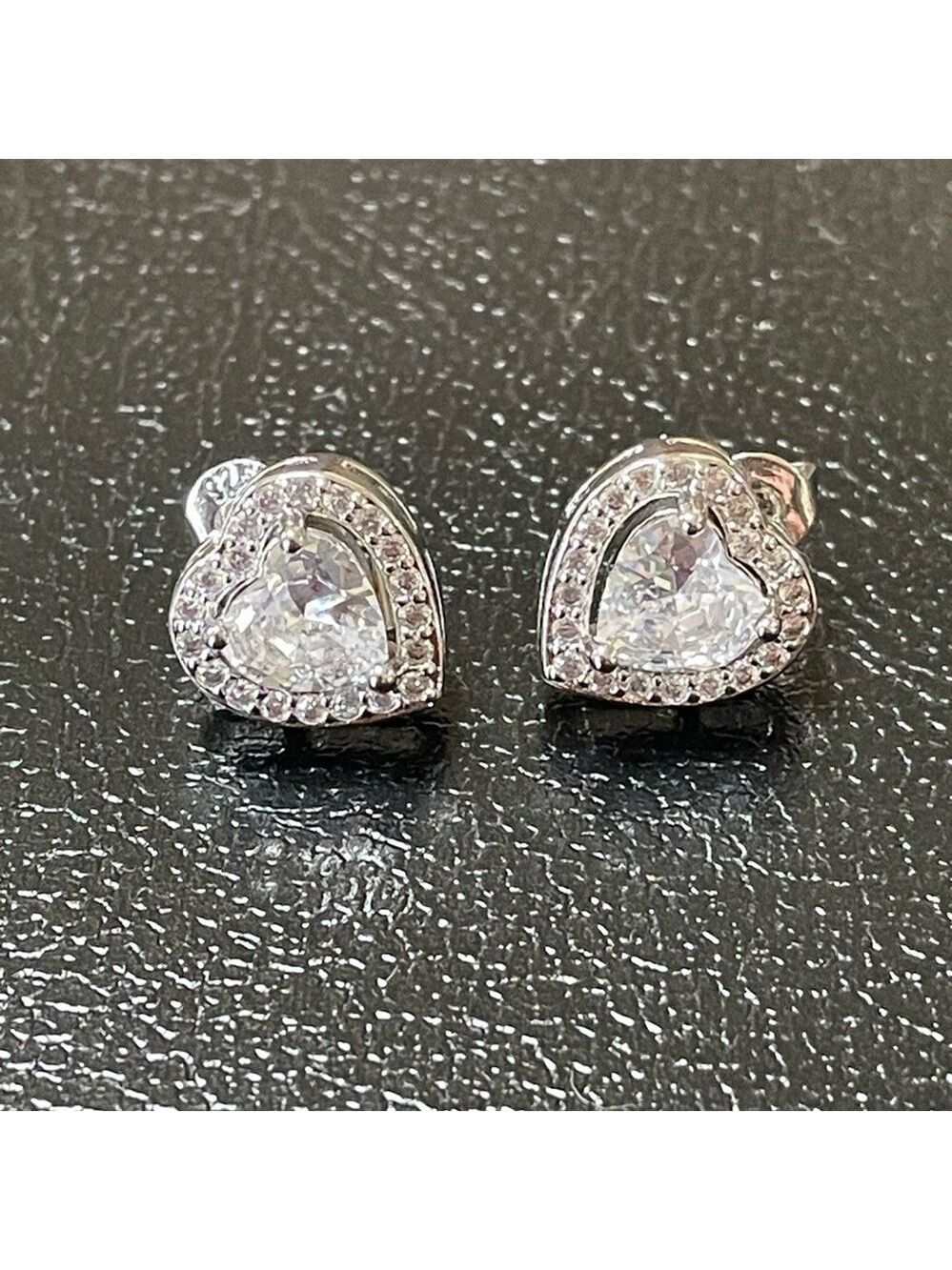 Earrings Heart Cubic Zirconia Halo Studs Posts Bling New